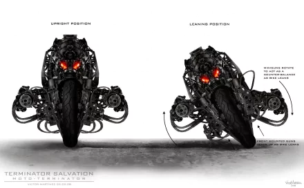 Concept art from *Terminator Salvation*, showcasing a high-tech motorcycle in both upright and leaning positions, featuring striking red lights and intricate mechanical design.