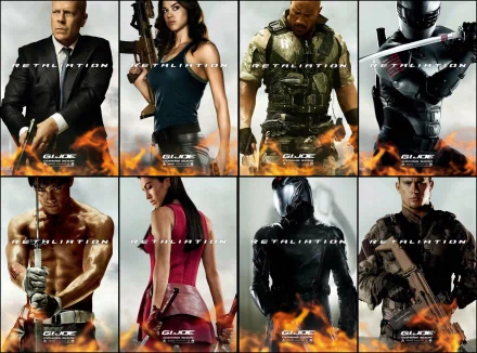 HD desktop wallpaper featuring the cast of G.I. Joe: Retaliation, including Bruce Willis and Dwayne Johnson, with character images and fiery effects.
