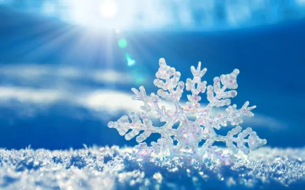 A stunning HD wallpaper depicting a delicate snowflake on a snowy surface, illuminated by bright sunlight against a serene blue background, capturing the beauty of nature.