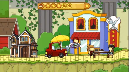 HD desktop wallpaper featuring a colorful scene from Scribblenauts Unlimited with characters and whimsical buildings.