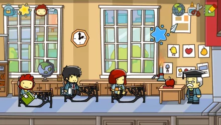 HD desktop wallpaper featuring a colorful classroom scene from Scribblenauts Unlimited with animated characters at desks.