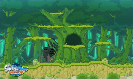 HD desktop wallpaper featuring a vibrant Scribblenauts Unlimited game scene with a mystical green forest background.