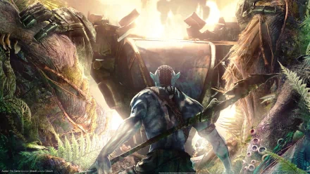 HD PC desktop wallpaper of James Cameron's Avatar: The Game — a blue Na'vi warrior seen from behind, spear in hand, stepping into a glowing, overgrown jungle surrounding massive wreckage.