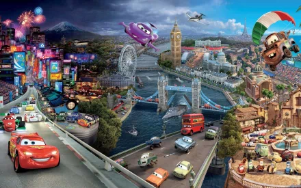A vibrant collage from Disney's *Cars 2*, showcasing iconic scenes and characters against a backdrop of famous landmarks and lively cityscapes, designed as a HD PC desktop wallpaper.