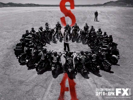An HD desktop wallpaper featuring the cast of Sons of Anarchy, with a dramatic circle of motorcycle riders set against a stark background and striking red graphics.