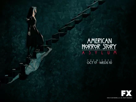 HD PC desktop wallpaper for TV show American Horror Story: Asylum — dark teal background with a robed nun descending fractured stairs beside the series logo.