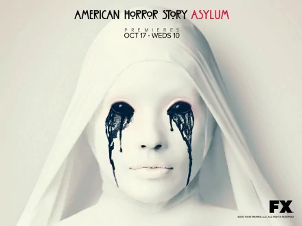 HD PC desktop wallpaper featuring a haunting image from the TV show American Horror Story: Asylum, showing a white-clad figure with black tears streaming from its eyes.