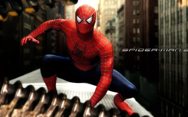 HD PC desktop wallpaper featuring Spider-Man in an action pose from the movie Spider-Man 2, set against a cityscape background.