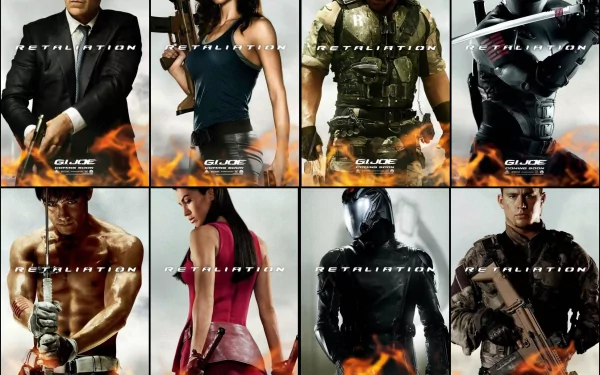 HD desktop wallpaper featuring the cast of G.I. Joe: Retaliation, including Bruce Willis and Dwayne Johnson, with character images and fiery effects.