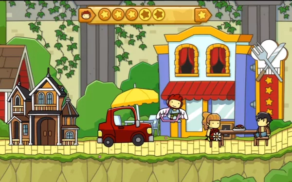 HD desktop wallpaper featuring a colorful scene from Scribblenauts Unlimited with characters and whimsical buildings.