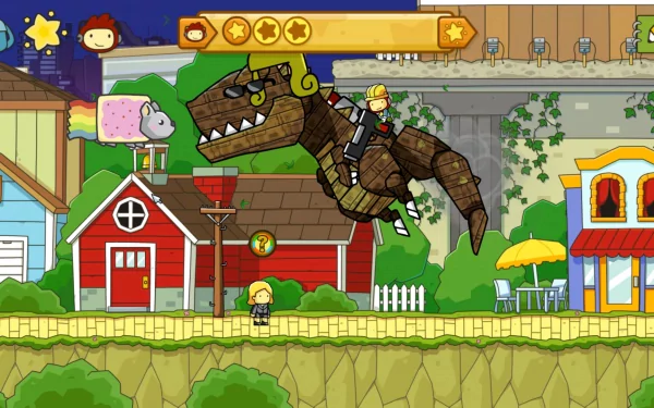 HD desktop wallpaper from Scribblenauts Unlimited featuring a character riding a flying dinosaur above a colorful game scene.