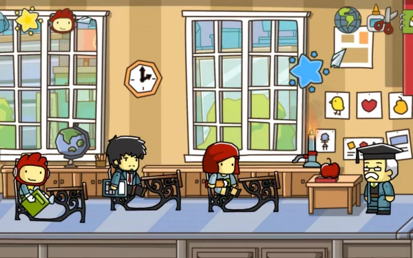 HD desktop wallpaper featuring a colorful classroom scene from Scribblenauts Unlimited with animated characters at desks.