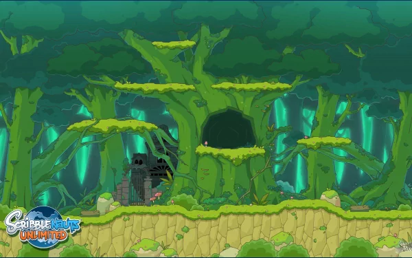 HD desktop wallpaper featuring a vibrant Scribblenauts Unlimited game scene with a mystical green forest background.