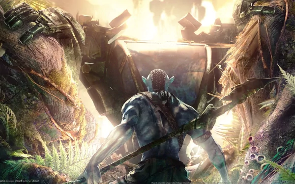 HD PC desktop wallpaper of James Cameron's Avatar: The Game — a blue Na'vi warrior seen from behind, spear in hand, stepping into a glowing, overgrown jungle surrounding massive wreckage.