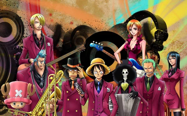 HD wallpaper featuring One Piece characters Franky, Tony Tony Chopper, Brook, Nico Robin, Usopp, Roronoa Zoro, Sanji, Nami, and Monkey D. Luffy in musical attire against a vibrant background.