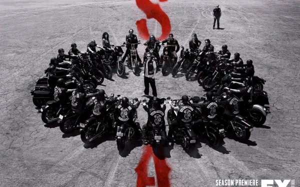An HD desktop wallpaper featuring the cast of Sons of Anarchy, with a dramatic circle of motorcycle riders set against a stark background and striking red graphics.