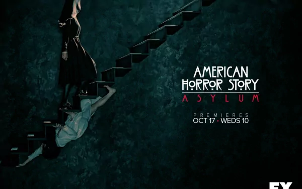 HD PC desktop wallpaper for TV show American Horror Story: Asylum — dark teal background with a robed nun descending fractured stairs beside the series logo.