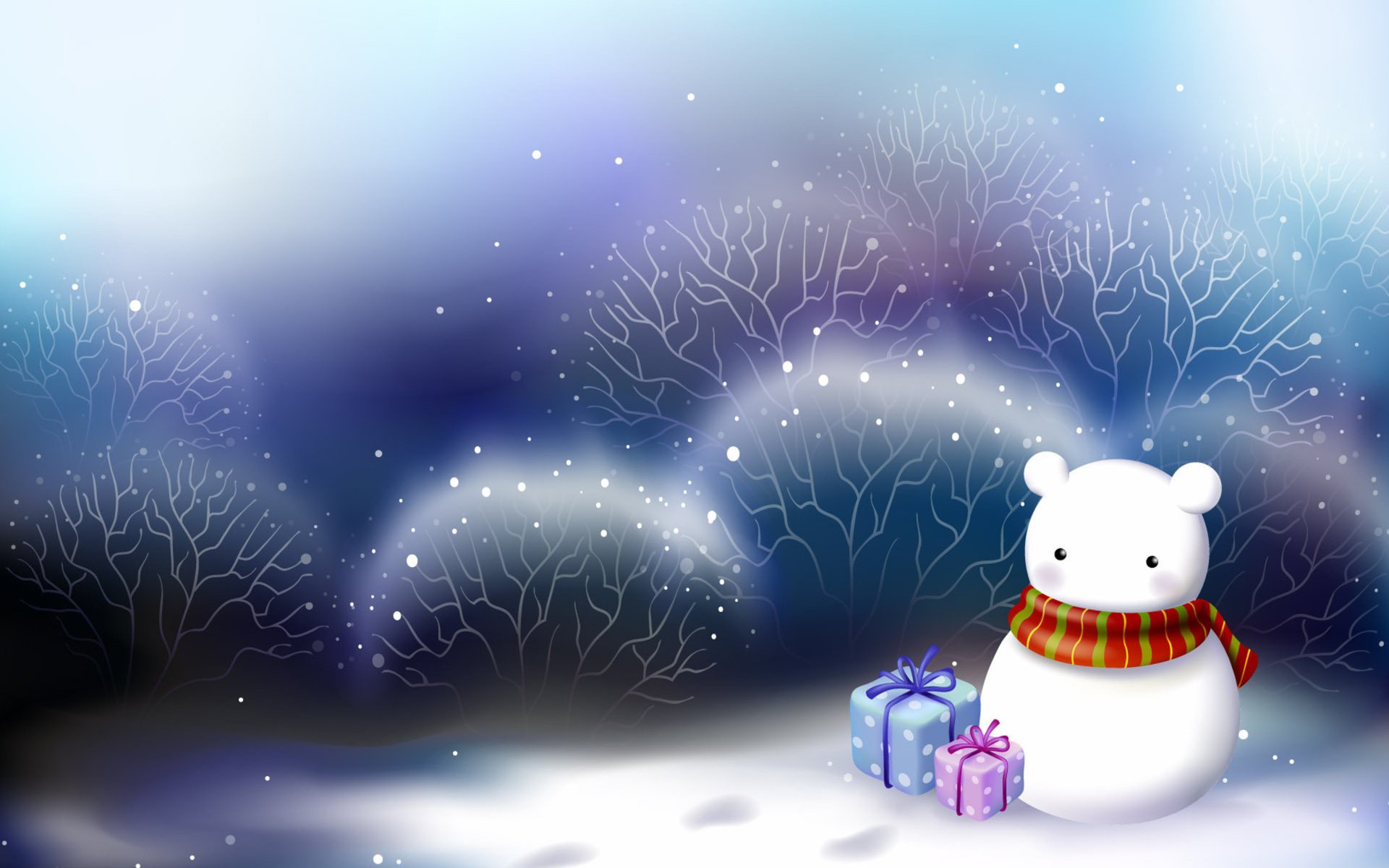 A charming snowman in a scarf stands on a snowy landscape, with colorful gifts nearby, framed by softly falling snow and serene winter trees, capturing a festive holiday spirit.