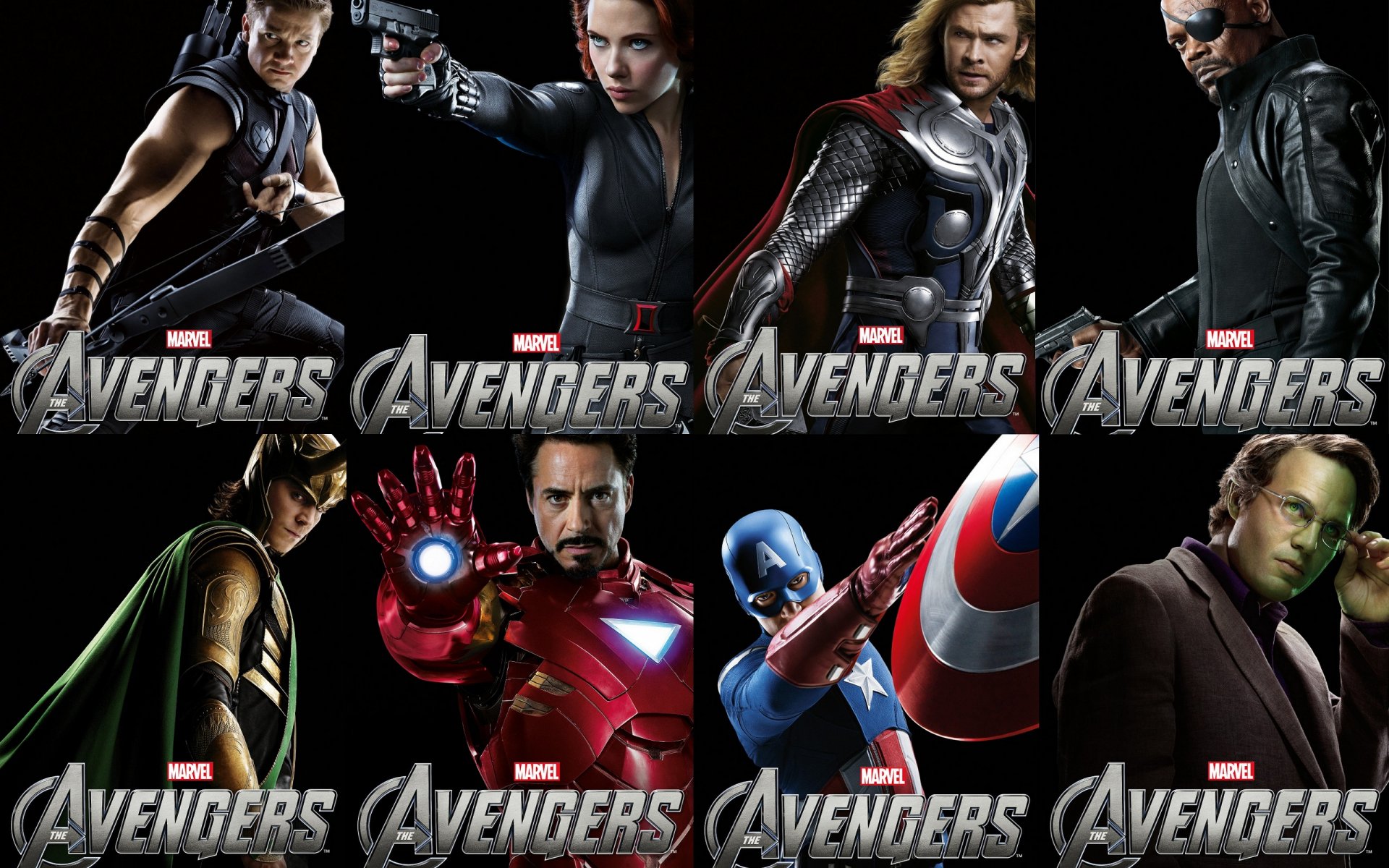 HD PC desktop wallpaper featuring Marvel's Avengers including Iron Man, Captain America, Thor, Black Widow, Hulk, Hawkeye, Nick Fury, and Loki from the Avengers movie.