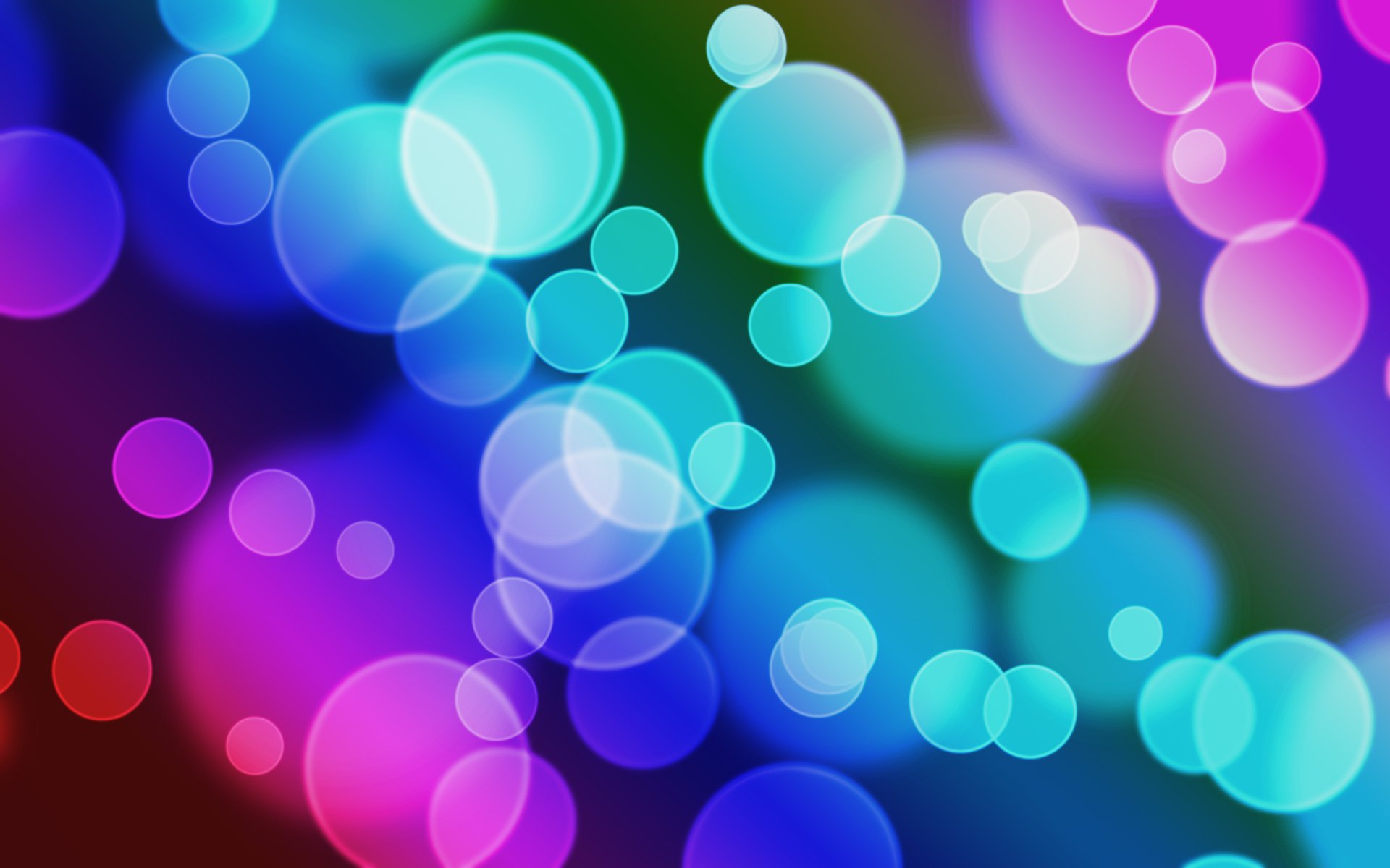 HD PC desktop wallpaper of abstract glowing circles in teal, blue, purple and pink on a dark gradient background.