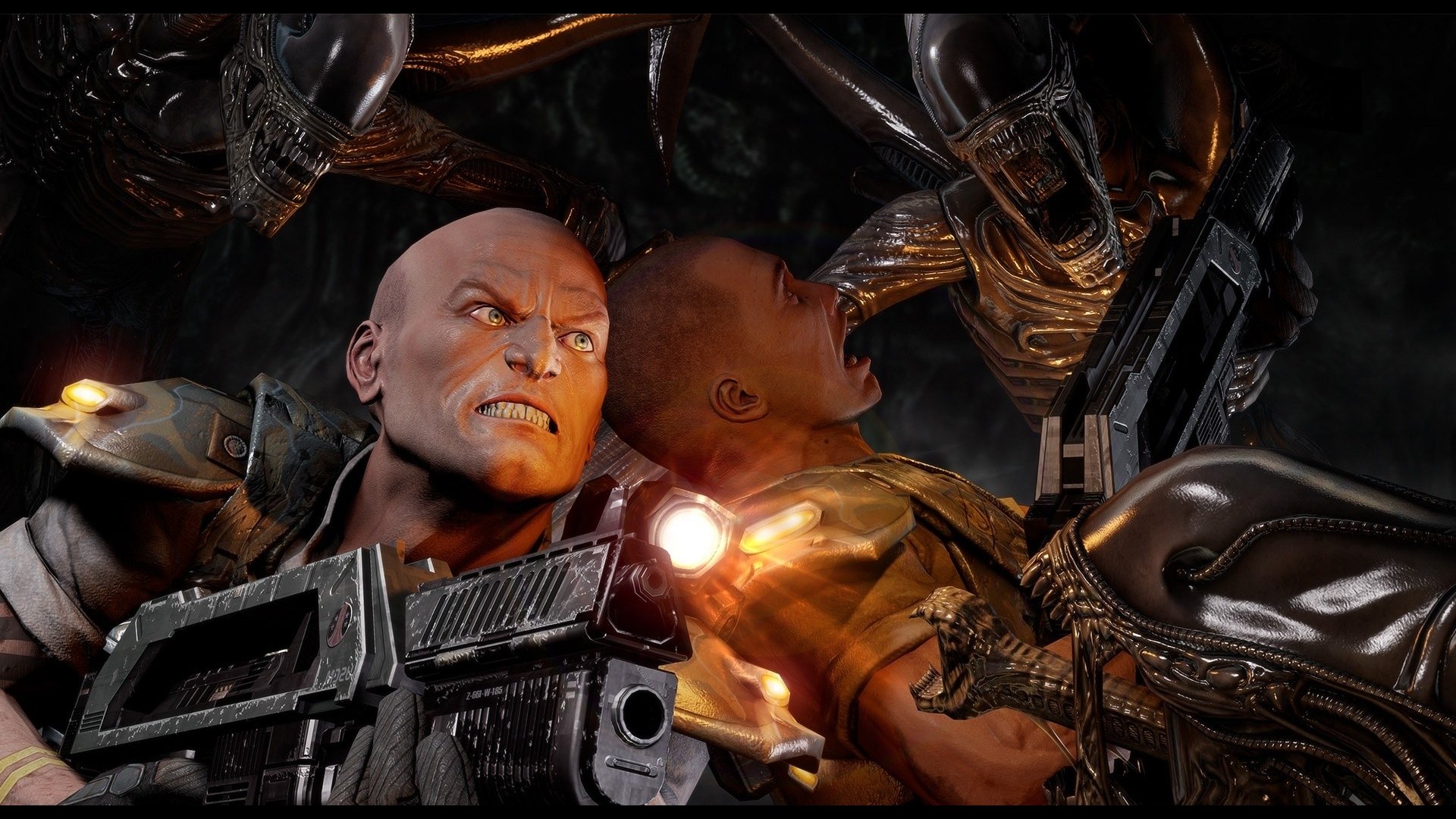 HD PC desktop wallpaper featuring intense characters from the Alien vs. Predator video game, showcasing a fierce battle scene between humans and extraterrestrials.