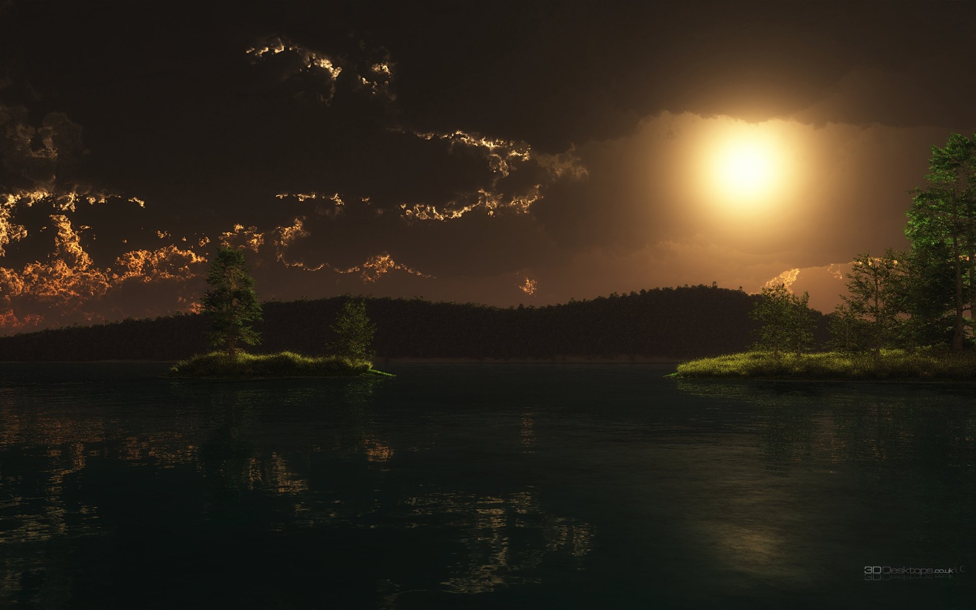 Artistic landscape HD PC desktop wallpaper/background: moonlit lake with glowing clouds, silhouetted tree-topped islets and rippling reflections under a warm, luminous sky.