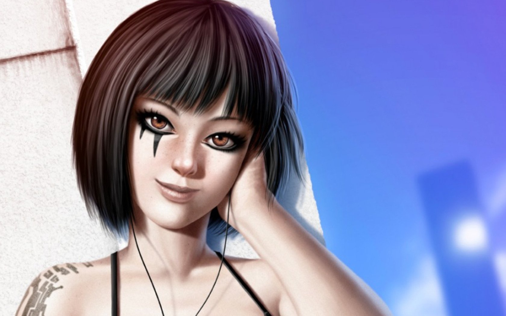 HD PC desktop wallpaper featuring Faith Connors, the protagonist from the video game Mirror's Edge, depicted with short hair and signature face paint.
