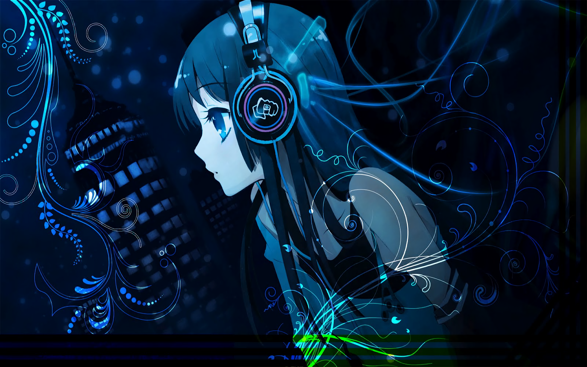 HD PC desktop wallpaper featuring Mio Akiyama from the anime K-ON!, with a blue-toned, stylized design showing her wearing headphones and singing into a microphone.