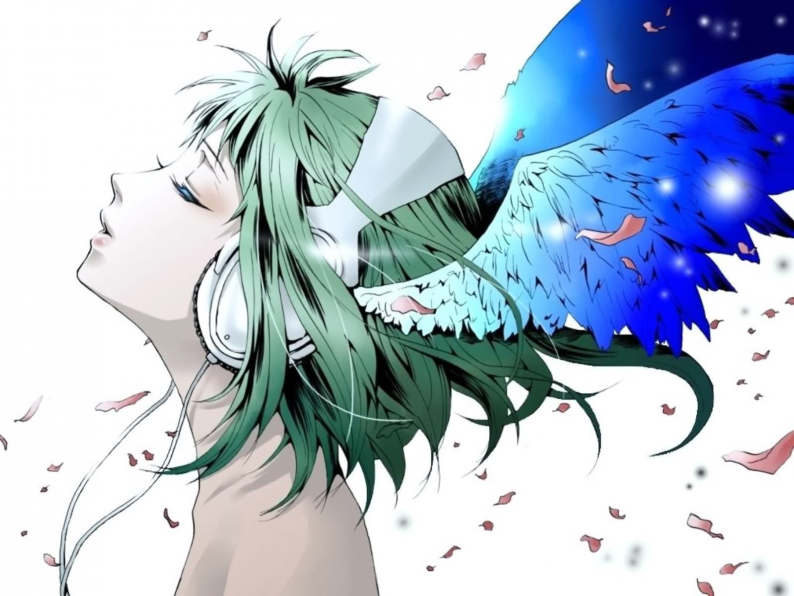 GUMI (Vocaloid) anime HD PC desktop wallpaper: green‑haired GUMI in profile with headphones and a vivid blue wing, pink petals drifting across a white background.