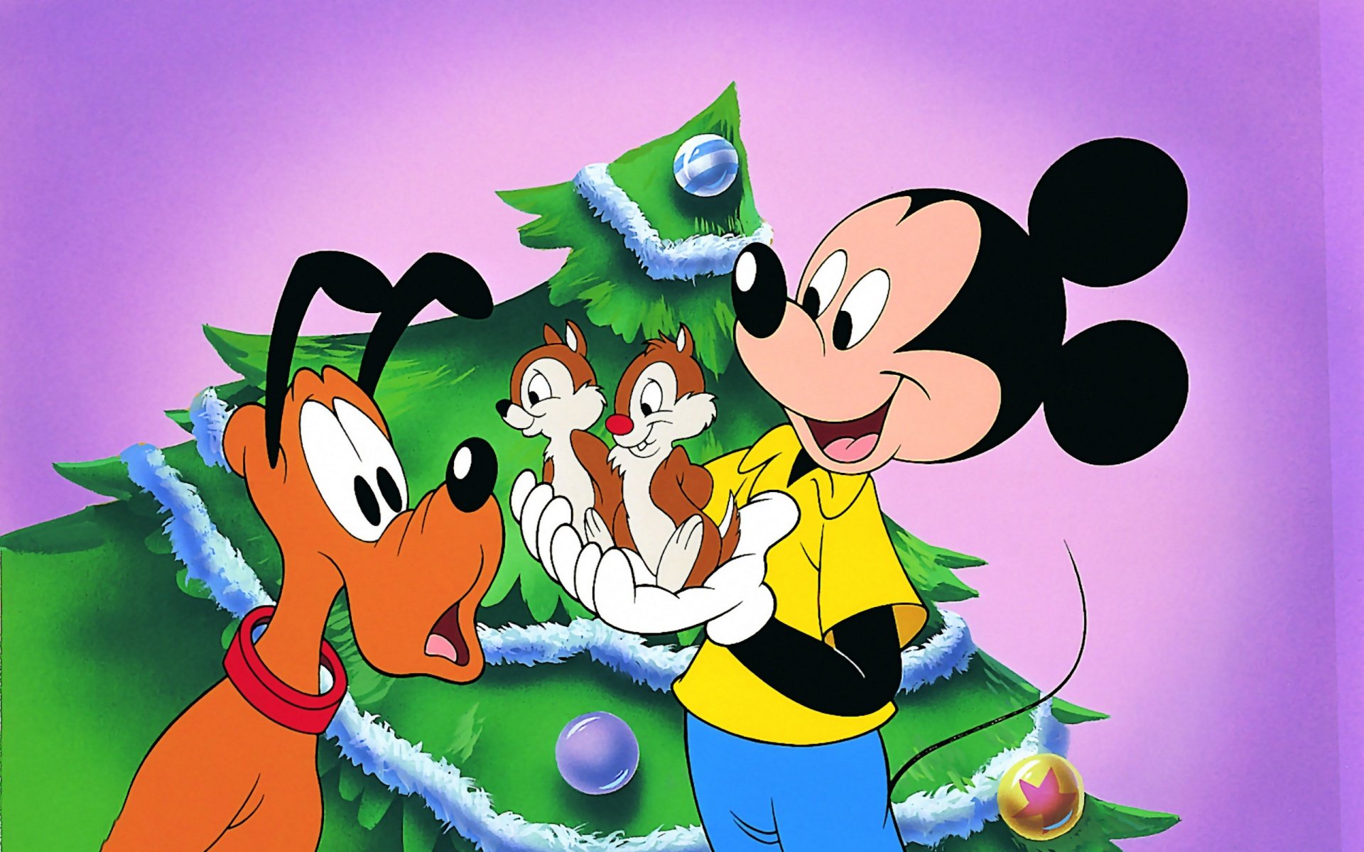 HD Disney movie desktop wallpaper featuring Mickey Mouse, Pluto, and Chip 'n' Dale celebrating near a decorated Christmas tree against a purple background.