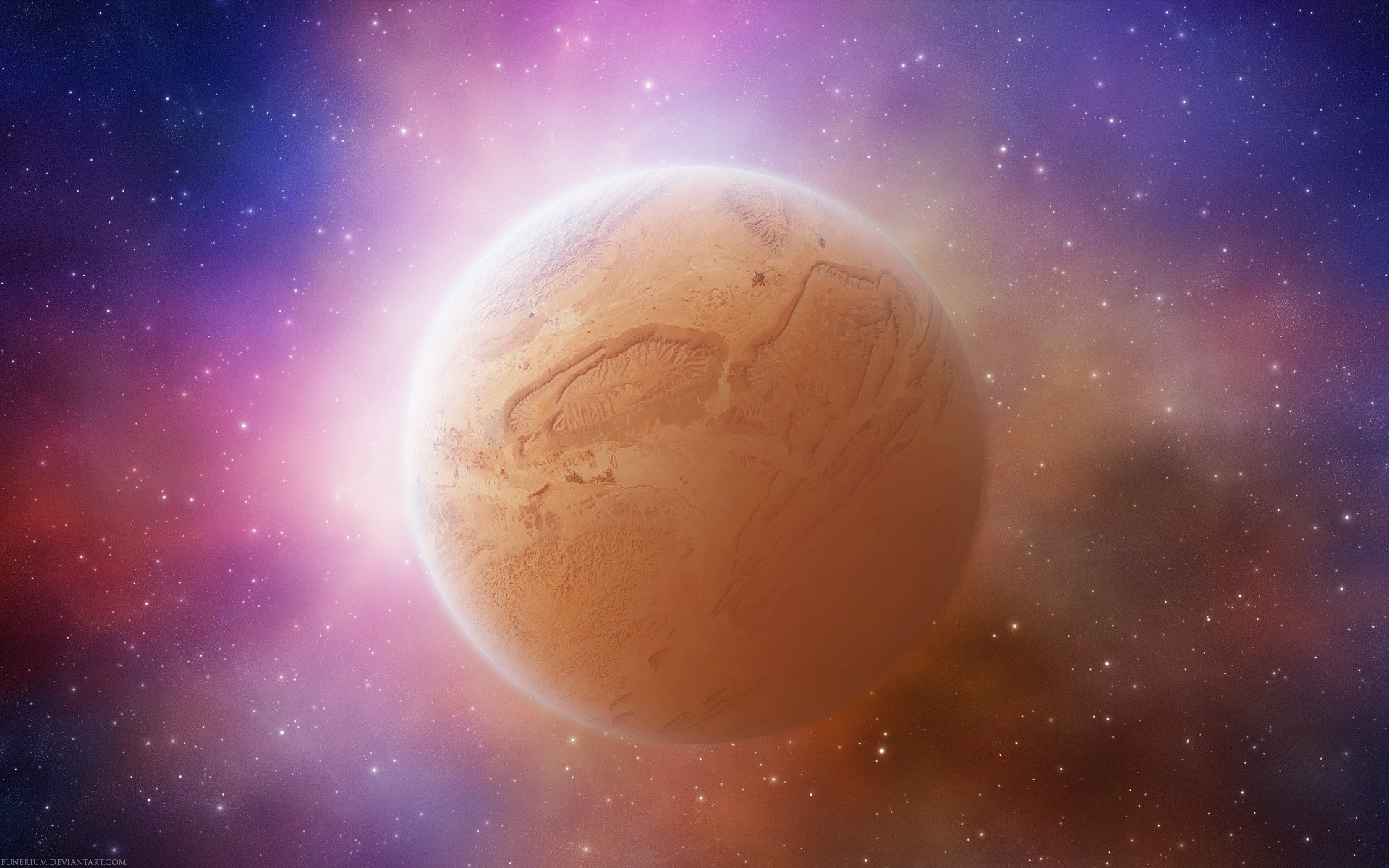 HD sci-fi desktop wallpaper featuring a detailed, reddish planet against a vibrant, star-filled cosmic background.