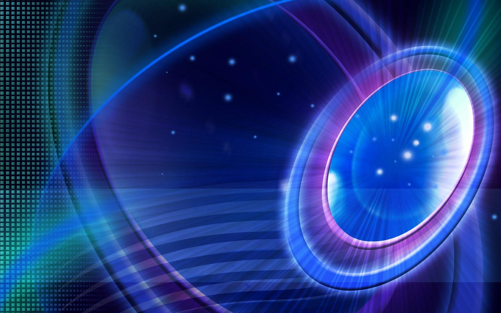 Abstract blue HD PC desktop wallpaper featuring glowing concentric rings, sweeping translucent waves, dotted grid and star-like sparkles across a deep-blue background.