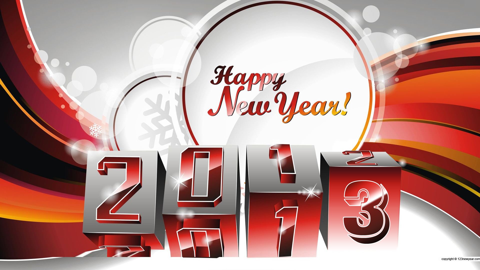HD PC desktop wallpaper: New Year 2013 holiday background with glossy red and silver 3D '2013' numerals and a circular 'Happy New Year!' badge with festive swirls.