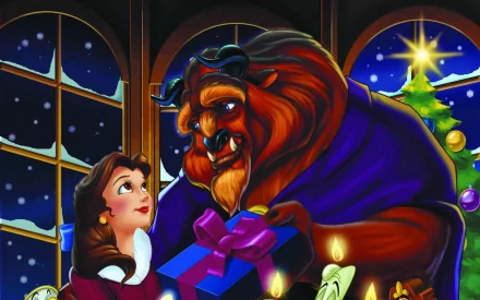 HD PC desktop wallpaper of Beauty and the Beast (1991): Belle smiles as the Beast offers a wrapped gift by candlelight, with a snowy window and decorated Christmas tree behind them.