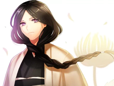 HD wallpaper featuring Unohana Retsu from the anime Bleach, showcasing her serene expression and flowing hair, with soft floral elements in the background.