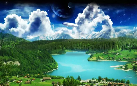 HD PC desktop wallpaper showing a dreamy nature world: turquoise lake surrounded by green hills and village, forest, dramatic clouds and distant planets.
