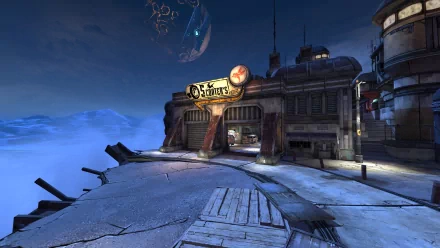 HD desktop wallpaper featuring a Borderlands 2 snowy scene with a moonlit building and signage.
