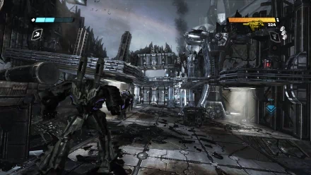 HD wallpaper from Transformers: War for Cybertron featuring a robotic character amidst a battle-damaged cityscape.