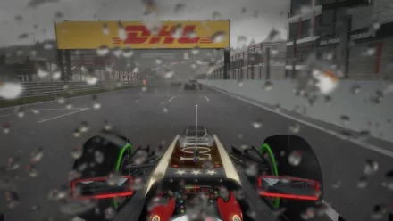 HD desktop wallpaper featuring a 2012 F1 car racing on a rainy track with competitors ahead and raindrops on the camera.