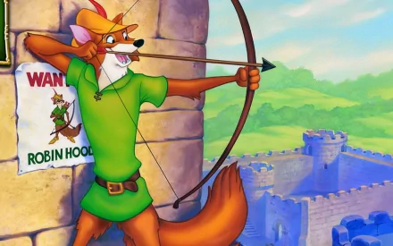 HD PC desktop wallpaper featuring animated Robin Hood from the 1973 movie, aiming his bow with a castle and Wanted Robin Hood poster in the background.