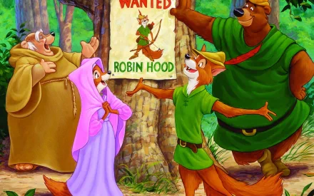 Colorful scene from the 1973 movie *Robin Hood*, featuring animated animal characters gathered around a Wanted poster for Robin Hood, set against a lush forest backdrop.