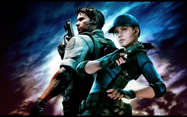 Chris Redfield and Jill Valentine stand back-to-back, armed and ready for action, in this HD PC desktop wallpaper inspired by the video game Resident Evil 5.