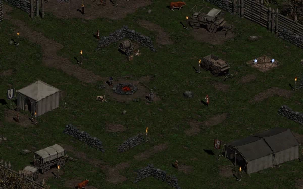 HD desktop wallpaper of Diablo II featuring an overhead view of an in-game encampment with tents, fires, and characters.