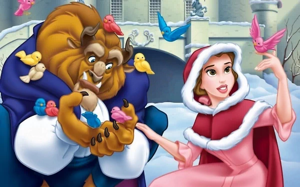A whimsical scene from Beauty and the Beast (1991) featuring the Beast and Belle, surrounded by colorful birds in a snowy landscape, serves as a vibrant HD desktop wallpaper.