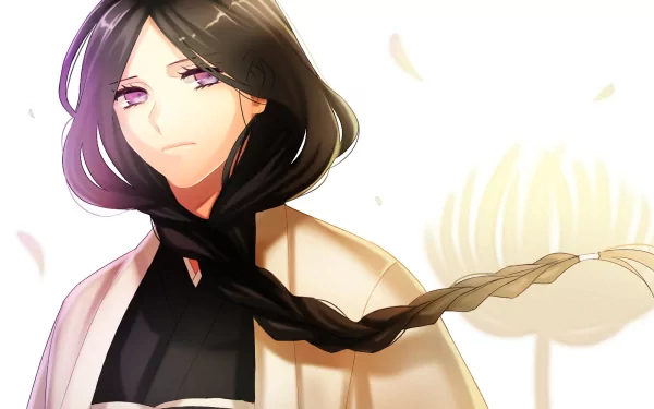 HD wallpaper featuring Unohana Retsu from the anime Bleach, showcasing her serene expression and flowing hair, with soft floral elements in the background.