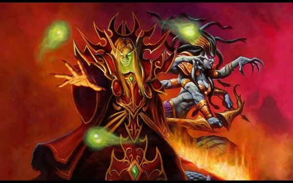 HD PC desktop wallpaper featuring vivid artwork from the World of Warcraft: Trading Card Game, showcasing two powerful, magical characters against a fiery red backdrop.
