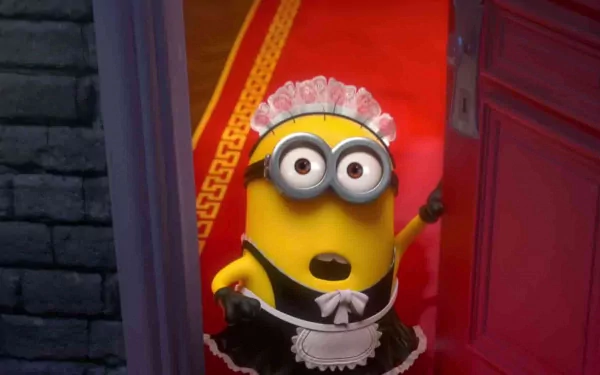 HD PC desktop wallpaper featuring a Minion dressed as a maid from the movie Despicable Me 2, standing in a doorway with a surprised expression.