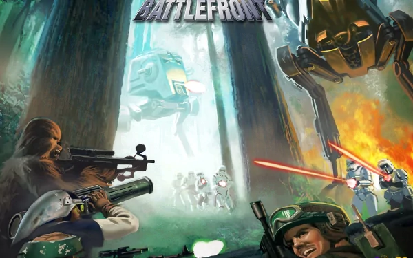 HD desktop wallpaper and background from Star Wars: Battlefront, featuring intense battle action with characters and vehicles.