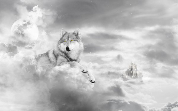 Fantasía Lobo Animales de fantasía Castillo Nube Perro Blanco y negro Luna Fondo de pantalla HD | Fondo de Escritorio