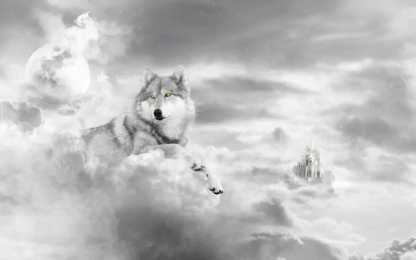 A black and white HD fantasy wallpaper featuring a majestic wolf on clouds, a large moon, and a distant castle in the background.